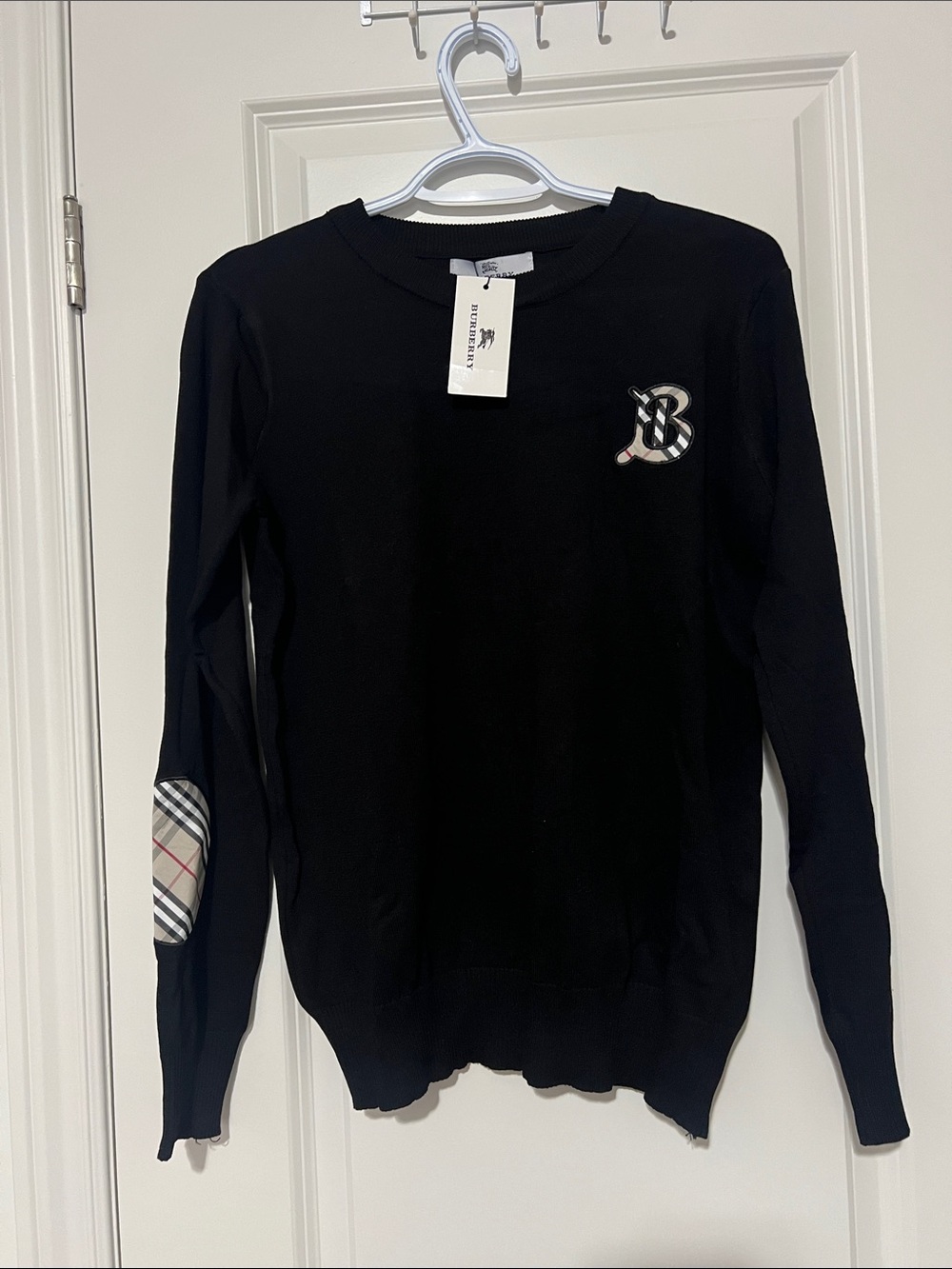 Plaid logo Black Crewneck Sweater with Signature Check Patch